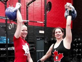 Team Canada members Lisa Pitel-Killah (left) and Pamela Wheat combined for three medals during their first International Union Kettlebell Lifting world championships in Atobe, Kazakhstan in 2016. (Martin Cleary, photo)