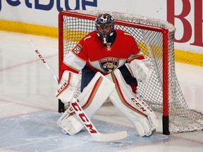 Florida Panthers goaltender Roberto Luongo (1) warms up prior to a game against the Detroit Red Wings, Friday, Dec. 23, 2016, in Sunrise, Fla. (AP Photo/Joel Auerbach)