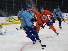 Jordan Eberle faces his teammates during Oilers practice Wednesday at Rogers Place. (Greg Southam)