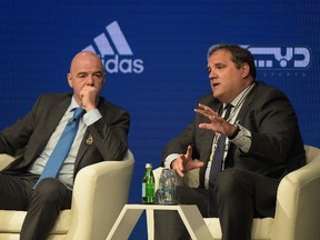 Canadian Soccer Association president Victor Montagliani (right) speaks during the Dubai International Sports Conference yesterday. (GETTY IMAGES)