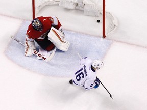 Mitch Marner of the Toronto Maple Leafs skates past goaltender Roberto Luongo of the Florida Panthers after scoring the game winning goal in the shootout at the BB&T Center on Dec. 28, 2016. (Joel Auerbach/Getty Images)