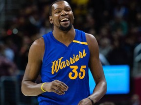 Kevin Durant of the Golden State Warriors reacts during the first half against the Cleveland Cavaliers at Quicken Loans Arena on Dec. 25, 2016 in Cleveland, Ohio. (Jason Miller/Getty Images)
