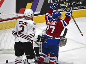 Trey Fix-Wolansky celebrates a goal in this photo from September, the last time the Oil Kings and Rebels met at Rogers Place. (Ed Kaiser)