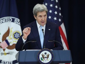 Secretary of State John Kerry speaks about Israeli-Palestinian policy, Wednesday, Dec. 28, 2016, at the State Department in Washington. (AP Photo/Andrew Harnik)