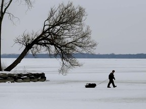 A man heads out for some ice fishing on the Bay of Quinte during Monday's mild afternoon. 

Environment Canada predicts temperatures will rise to around six degrees with a chance of showers today (Tuesday).

Emily Mountney-Lessard/Belleville Intelligencer/Postmedia Network, Jan. 25, 2015, Belleville, Ont.