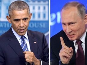 This combination of file photos shows US President Barack Obama speaking at the White House in Washington, DC on December 16, 2016 and Vladimir Putin speaking in Moscow on December 23, 2016.
The US on December 29, 2016, fired back at Moscow over its meddling in the presidential election, announcing a series of tough sanctions against intelligence agencies, expulsions of agents and shutting down of Russian compounds on US soil. "I have ordered a number of actions in response to the Russian government's aggressive harassment of US officials and cyber operations aimed at the US election," Obama said.
/ AFP PHOTO / Saul LOEB AND Natalia KOLESNIKOVASAUL LOEB