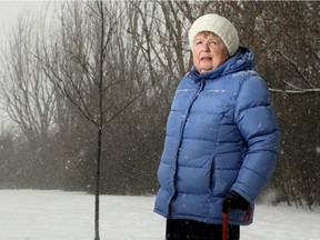 Eleanore Dunn, 79, planted a tree as a memorial to her son Mark - a journalist who died in 2014 - in Stanley Park. Now she's worried the young red oak tree standing in front of his marker will be destroyed by the upcoming giant dig at the park or the rebuild of the nearby playground. Julie Oliver, Postmedia.