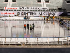 Preparations on the outdoor ice rink for the 2017 NHL Centennial Classic at BMO Field in Toronto on Dec. 28, 2016. (Ernest Doroszuk/Toronto Sun/Postmedia Network)