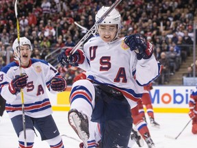Team USA's Clayton Keller celebrates scoring against Team Russia during  IIHF World Junior Championship action in Toronto, on Dec. 29, 2016. (THE CANADIAN PRESS/Chris Young)