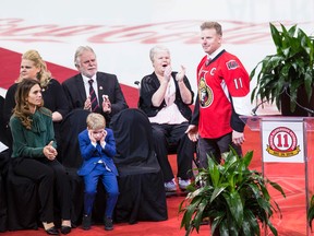 Daniel Alfredsson and his family, sister Cecilia, father Hasse, mother Margareta, wife Bibi,and youngest son William at Canadian Tire Centre during his Ottawa Senators jersey retirement ceremony. Thursday December 29, 2016. Errol McGihon/Postmedia