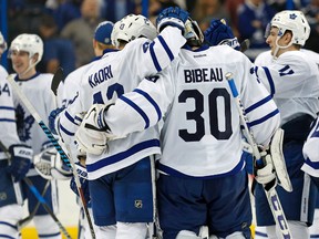 Nazem Kadri and Antoine Bibeau of the Toronto Maple Leafs celebrate an overtime win over the Tampa Bay Lightning at Amalie Arena on Dec. 29, 2016. (Mike Carlson/Getty Images)