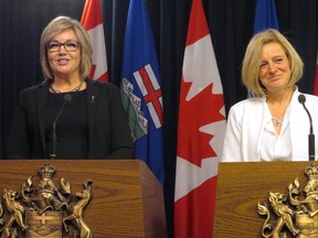 Sandra Jansen, left, and Premier Rachel Notley announce jointly that Jansen is crossing the floor from the Progressive Conservatives to join Notley's NDP at the legislature in Edmonton on Thursday, November 17, 2016. Jansen, a Calgary MLA, pulled out of the PC party's leadership race earlier this month, citing harassment over her progressive views. THE CANADIAN PRESS/Dean Bennett