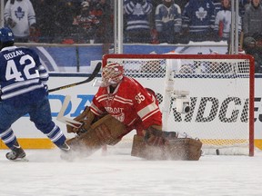 Tyler Bozak scores the game winning goal in a shootout past Jimmy Howardduring the 2014 Bridgestone NHL Winter Classic at Michigan Stadium on January 1, 2014 in Ann Arbor, Michigan. The Leafs won  3-2 in a shootout. (Photo by Gregory Shamus/Getty Images)