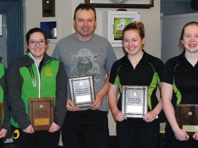 Idylwylde Golf and Country Club's U21 women's team edged the Sudbury Curling Club entry in the Northern Ontario Curling Association's provincial championship at North Bay Granite Club, Friday, to earn a berth in the Canadian Junior Women's Curling Championship in Victoria, B.C. Jan. 21-29. Members include, from left: skip Krysta Burns, vice Megan Smith, coach Rodney Guy, second Sara Guy, and lead Laura Masters.