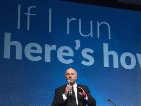 Businessman Kevin O'Leary hasn't decided whether he'll enter the Conservative leadership race, but that isn't stopping those already in the race from going after him. O'Leary speaks during a session entitled "If I run here's how i'd do it" during a conservative conference, in Ottawa in a February 26, 2016, file photo. THE CANADIAN PRESS/Adrian Wyld