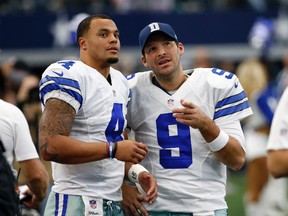 Cowboys starting quarterback Dak Prescott (4) will give way to backup Tony Romo (9) sometime during Sunday's game. (Michael Ainsworth/AP Photo)
