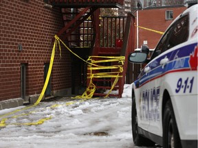 Ottawa Police investigate the city's fourth homicide of the year at 82 Richie Street in Ottawa Thursday Feb 25, 2016. A male victim, Taylor Morrow-Flint,  was shot dead Wednesday night.