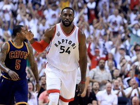 Patrick Patterson of the Toronto Raptors reacts after a three-point basket in the first quarter against the Cleveland Cavaliers in Game 4 of the Eastern Conference Finals in Toronto in this May 23, 2016 file photo. (Vaughn Ridley/Getty Images)
