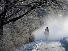 A pedestrian makes her way through a cloud of snow being created by a snowblower on the Rideau Canal Skate Way in Ottawa.