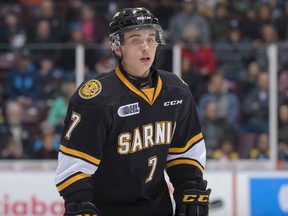 Nick Grima was acquired from the Peterborough Petes along with six drafts in exchange for Nikita Korostelev and Alex Black Saturday. The 17-year-old defenceman made his Sting debut Sunday against London. (Metcalfe Photography)