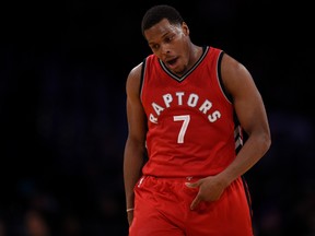 Raptors guard Kyle Lowry reacts after making a three-point shot against the Los Angeles Lakers Los Angeles on Sunday.The Toronto Raptors won 123-114.