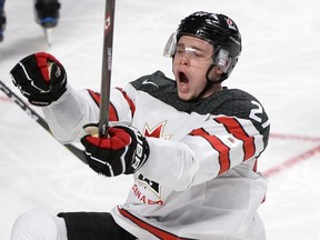 Team Canada forward Mitchell Stephens celebrates after scoring against the Czech Republic during quarterfinal IIHF World Junior Championship action on Jan. 2, 2017. (THE CANADIAN PRESS/Paul Chiasson)