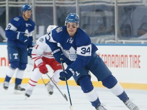 Not only did Maple Leafs forward Auston Matthews reach a performance bonus with his 20th goal of the season on Sunday, he also was named the NHL’s first star of the week. (JACK BOLAND/Toronto Sun)