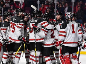 Team Canada celebrates a victory during the 2017 IIHF World Junior Championship quarterfinal game against Team Czech Republic at the Bell Centre on Jan. 2, 2017. (Minas Panagiotakis/Getty Images)