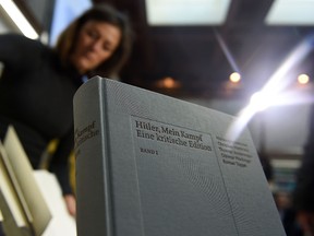 This file photo taken on January 8, 2016 shows a copy of an annotated version of Adolf Hitler’s book “Mein Kampf” prior to a press conference for its presentation in Munich. (CHRISTOF STACHE/Getty Images)