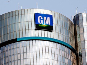 The General Motors logo on the world headquarters building is shown in Detroit, Mich., in this Sept. 17, 2015 file photo. (Bill Pugliano/Getty Images)