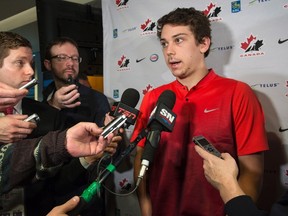 Team Canada's Dylan Strome talks with reporters at the IIHF world junior championship on Jan. 3, 2017 in Montreal. (THE CANADIAN PRESS/Paul Chiasson)