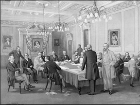 John A. Macdonald met in 1867 with 16 delegates from the colonies of New Brunswick, Nova Scotia and the United Provinces of Canada at the London Conference to resolve the wording for the British North America Act. (Library and Archives Canada)