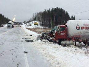 Cleanup crews worked around-the-clock to re-open a portion of Highway 144 between Timmins and Gogama that was closed due to a collision involving a propane tanker truck on Monday morning. Gogama Fire Chief, who supplied this photo, was on scene with local firefighters to remove the spilled propane from the road and ensure the damanged tanker truck was ready for safe transport away from the crash site.