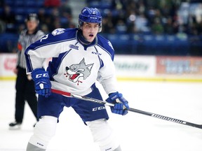 Sudbury Wolves newly acquired defenceman Patrick Sanvido in action against the Guelph Storm in Sudbury, Ont. on Friday December 30, 2016. Gino Donato/Sudbury Star/Postmedia Network