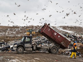 A truck unloads garbage on January 21, 2016 at the city's landfill site on Mohawk Street in Brantford, Ont. (Brian Thompson/Brantford Expositor/Postmedia Network)