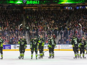 Edmonton Oil Kings celebrate their win over the Calgary Hitmen in WHL action at Rogers Place, in Edmonton January 1, 2017. The Oil Kings won 3-2 in overtime.