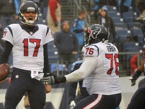 Quarterback Brock Osweiler of the Houston Texans reacts after making a rushing touchdown against of the Tennessee Titans during the second half at Nissan Stadium on January 1, 2017 in Nashville, Tennessee. (Frederick Breedon/Getty Images)