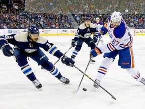 Seth Jones of the Columbus Blue Jackets attempts to block a shot by Benoit Pouliot of the Edmonton Oilers at Nationwide Arena on Jan. 3, 2017. (Getty Images)