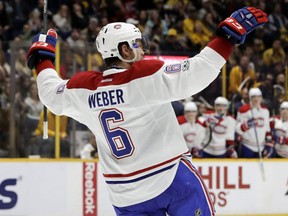 Montreal Canadiens defenseman Shea Weber celebrates after scoring a goal against the Nashville Predators during the third period of an NHL hockey game Tuesday, Jan. 3, 2017, in Nashville, Tenn. The Canadiens won 2-1 in overtime. (AP Photo/Mark Humphrey)
