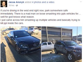 Jesse Aronyk posted photos and a video on Facebook showing the damage he says a driver caused in a parking lot in Edmonton. (Facebook screengrab)