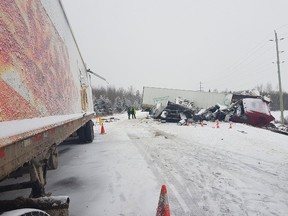 One person died in this collision involving a northbound tractor-trailer and a southbound flatbed, five-ton truck at 11:50 a.m. Wednesday on Highway 11, north of Hwy 562, in Hilliard Township, just south of Earlton.
