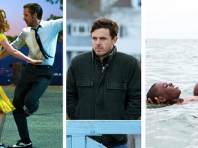 The movies leading the Golden Globes nominations are La La Land (with seven), Moonlight (with six) and Manchester By The Sea (with five nominations).  (Dale Robinette/Lionsgate via AP; David Bornfriend/A24 via AP; Claire Folger/Roadside Attractions and Amazon Studios via AP; )