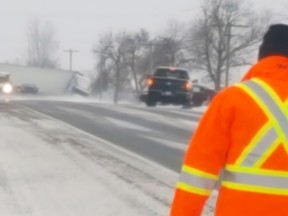 Multiple accidents on Highway 23 south of Mitchell, including this jack-knifed tractor trailer, earlier today forced the closure from Mitchell south to Elginfield, the Perth County OPP reported. SUBMITTED