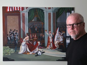 Kingston artist Pat Shea is seen at his home with his painting entitled “The Coronation of Donald Trump.” (Ian MacAlpine/The Whig-Standard)
