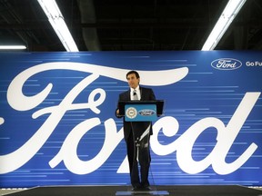 Ford President and CEO Mark Fields addresses the Flat Rock Assembly Tuesday, Jan. 3, 2017, in Flat Rock, Mich. Ford is cancelling plans to build a new $1.6 billion factory in Mexico and will invest $700 million in a Michigan plant to build new electric and autonomous vehicles. The factory will get 700 new jobs. (AP Photo/Carlos Osorio)