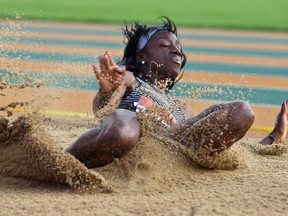 Canadian Christabel Nettey finishes first in the women's long jump during the TrackTown Classic at Foote Field in Edmonton on Friday, July 15, 2016. (Ed Kaiser)