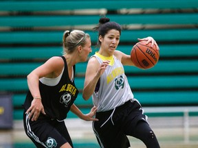 Maddie Rogers  dribbles next to teammate Shay Crisp during University of Alberta Pandas practice at the Saville Community Sports Centre on Jan. 3. (Larry Wong)