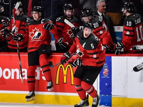 Team Canada celebrates their victory over Team Sweden and proceed to the gold medal round during the 2017 IIHF World Junior Championship semifinal game at the Bell Centre on January 4, 2017 in Montreal, Quebec, Canada. (Minas Panagiotakis/Getty Images)