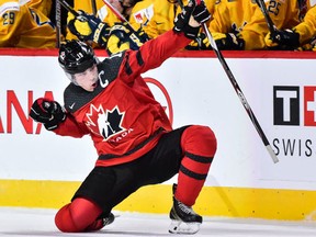 Dylan Strome of Team Canada celebrates his third period goal during the 2017 IIHF World Junior Championship semifinal game against Team Sweden at the Bell Centre on January 4, 2017 in Montreal, Quebec, Canada. (Minas Panagiotakis/Getty Images)