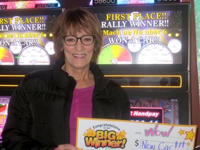 Josephine McDougall shows off the ‘cheque’ she received at the Point Edward Casino in December signifying that she had won a new Jeep. McDougall is from Strathroy. (Handout)